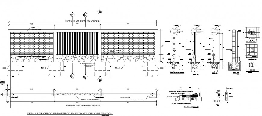 Compound wall detail plan, section and  elevation 2d view CAD structure layout autocad file